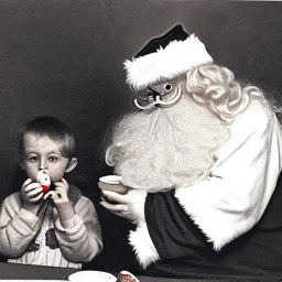 Old photo of Creepy folk people eating eggshell with alien santa