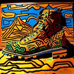 brown moutain shoes , art, oil drawing, bright, keith haring, picasso, masterpiece