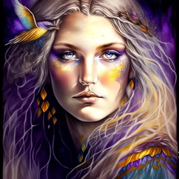 #Leonardai Starling , photorealistic ,pop surreal , lowbrow art ,enchanting portrait of a beautiful mature woman,representing a starling , feathers in her hair ,black and vibrant colors , sweet , magical , cosy warm light , whimsical, alluring , dazzling ,, expressive