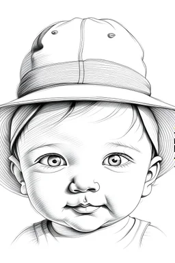 Draw a pencil sketch with white background of cute baby face wearing a hat