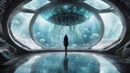 woman standing inside the interior of an alien spaceship, with a large window, with jellyfish outside