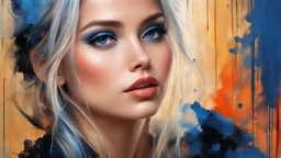 masterpiece, best quality, ultra high res, 1girl, (abstract art:1.4), bleeding blue, blue theme, visually stunning, beautiful, evocative, emotional, side view,