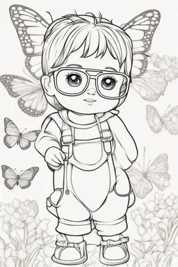 Outline art for cute coloring pages with butterfly with glasses, full body, white background, sketch style, only use outline, clean line art, no shadows and clear and well outlined.