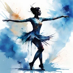 Long-shot perspective, silhouette of Olympic female figure skater performing, textured Speed paint with large rough brush strokes, watercolor, heavy paint splatter, by Carne Griffiths, by Russ Mills, kinetic impressionism, masterpiece, particles, by Marjolein Bastin, fine art, blue tones, dramatic, romantic, magical mist, cool colors, perfect anatomy, dramatic spotlight effect