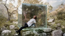 A person inside a glass cubic shape in an surreal environment