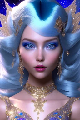 woman glitter blue fairy in a galactic ambiance, long blue hair, detailed gorgeous smile, delicate colors in the foreground, full of details, smooth, light effect，vaporwave colorful, smooth, extremely sharp detail, finely tuned detail, ultra high definition, 8 k, unreal engine 5, ultra sharpBeautyful smiling young woman, long hair amazing blue eyes, flowers, happy cosmic, bright colors, blue, pink, gold, jewels, realistic, photo real, clear sunny background, highly detailed, high contrast, 8k 