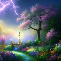 flowery landscape with a besutiful bright fairy, soft pastel colors, soft lightning