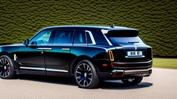 ultimate black rolls royce Cullinan Fire Livery, Rear View, 4K, Ultra Detailed