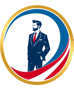 A circular logo with a vector of a groom in a suit at the top of the logo in a blue, red, white and gold color theme.