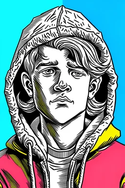 retro comics style boy hooded, 80's