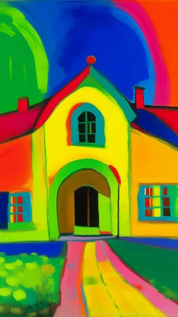 A neon yellow house underneath a rainbow painted by Alexej von Jawlensky