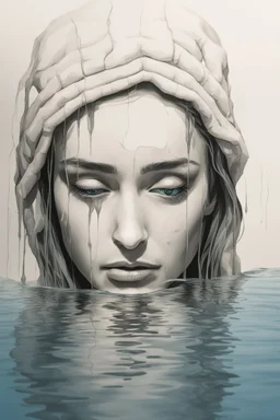 Artwork of t-shirt, Wide angle, half of face on water surface of a woman eyes are full of tears in swimming pool. Broken heart, sadness, down deep