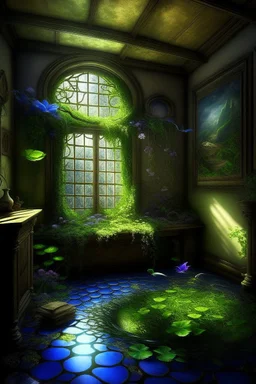 fantasy, gothic, vintage , fairy room ,open area without a wall,colorful petunia, lots of greenery, moss, ivy, morning light, near a stream, pond, blue wisteria, photorealistic painting, high detail, hyperdetalization, megarealism, surrealism, fractal, filigree, botanical fantastik, beautiful, aesthetically pleasing, saturated, exquisite, magically, gently, clear details