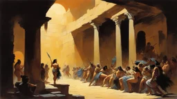 [art by Frank Frazetta] a greek party in the basement of a palace in Babylon.