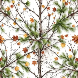 detailed Real Tree Camouflage made of bare branches, green pine branches, dried maple leaves, snow and dirt, white background, seamless repeatable texture camo pattern