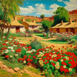 A green village with flowers designed in Navajo woven art painted by John Singer Sargent