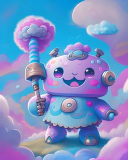 highly detailed portrait ofa small, adorable robot with round, expressive eyes and a friendly smile. It has a cheerful, bright color scheme, with a mix of pastel blues, pinks, and purples, standing with its arms crossed holding a toy sword, surrounded by a swirling vortex of energy. The background is a colorful, cartoon-like landscape, with fluffy clouds and a rainbow. The background is a stark, metallic landscape, with a futuristic cityscape visible in the distance. by atey ghailan, by eduard h