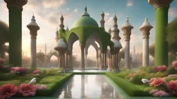 Hyper Realistic Huge Green-Bricked & beautifully-crafted-Brown-minarets & marble-flooring in a huge beautiful flower-garden with grass-arches & water-fountain & pigeons flying at early-cloudy-sunrise showing dramatic & cinematic ambiance