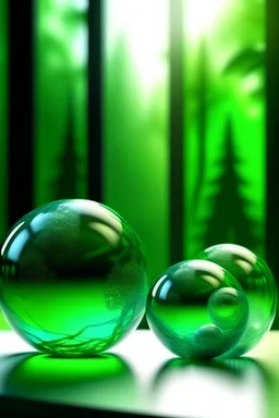 large and small glass balls swirling on the air, in the background tableland, calming nerves, relaxation, in the background abstract flexible gentle statue, light shades, green tint background