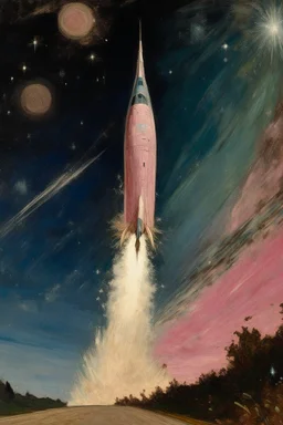 A pale pink rocket zooming across the stars painted by Claude Monet