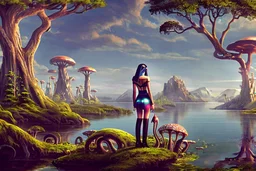 A skinny woman with a Cleopatra hairstyle, short skirt, and knee-high boots, looking out over a lake, in an alien forest, with tall cloud trees, flying mushrooms with octopus tentacles