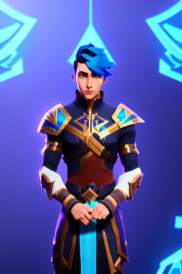 a human male with blue short hair and blue wings in assymetrical armor with geometric patterns and a book in hand