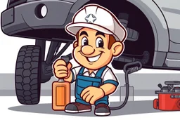 retro cartoon mascot of a vehicle mechanic, under a vehicle doing an oil change, in modern vector