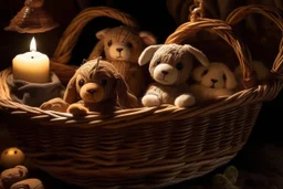 Cute but quirky stuffed animals lie in a carved basket on a soft sling, by candlelight