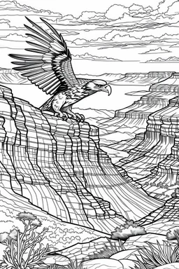 An eagle glides effortlessly over the immense, rugged grandeur of the Grand Canyon. The canyon's colossal depths and layered rock formations create a breathtaking backdrop for the eagle's flight, symbolizing the immense power of nature and the bird's absolute freedom..coloring book page, simple and clean line art, adult drawing book, black and white, crisp black lines, no shades, sharp lines, coloring book for adults, cartoon style, landscape