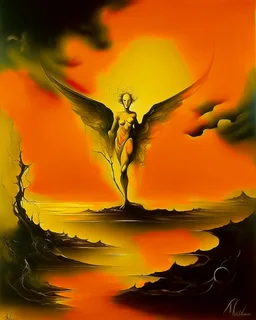 A dark yellow angelic heavenly light painted by Salvador Dali