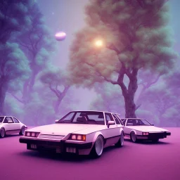 1980's aesthetic vaporwave wood trees with spheres and car clasic