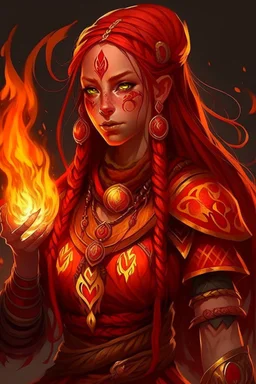 Female paladin Druid. Made from fire, hair is long and bright red. It has some braids. Eyes are big, looks like fire . Makes fire with hands. Skin is on fire