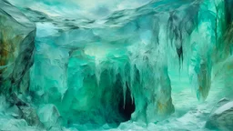 A pale cyan icy cave in the clouds with metallic crystals painted by Claude Monet