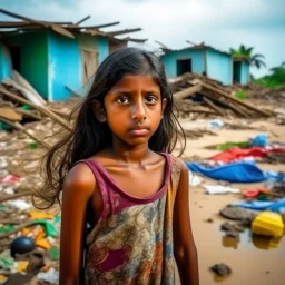 young indian girl frowning close to camera standing on broken seashore behind there are fragments of house