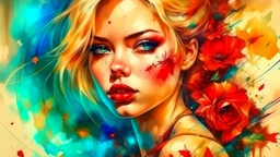 old canvas with worn torn folded edges and holes, cracks, heavily grained, broken lens effect, Iris wreath portrait Blonde woman, red lips, back tattoo, Alcohol ink, Hyperdetail, Anna Razumovskaya, Anna Dittmann, Luis Royo