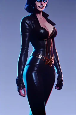 MARGOT ROBBIE dressed in shiny black leather, frank miller sin city, busty, cleavage, volumetric lighting, particales,highly detailed,cinematic, deep colours,8