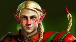 A young elf with blond hair in a single braid, green eyes and a small smile. He is dressed in an artist's costume mixing red and black as the main color.