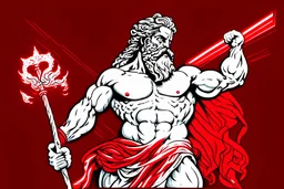 Detailed illustration of Greek god Zeus holding a red bold in het left hand and white bold in right hand. Detailed, Strong, Powerful.