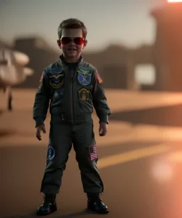 Top gun, Tom cruise toddler, full body, dramatic lighting, hyper realistic