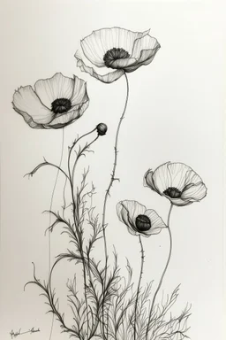 Minimalist ink pencil and charcoal drawing of poppies