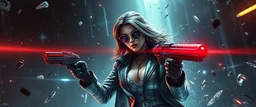 airbrush 3d rendering, mafia cyberpunk stylish lady dr smick Vex is now officially in stasis. No experiments. No clones. No accidental galaxy-ending breakthroughs. sci fi guns and rays, shattering glass background, flying debris