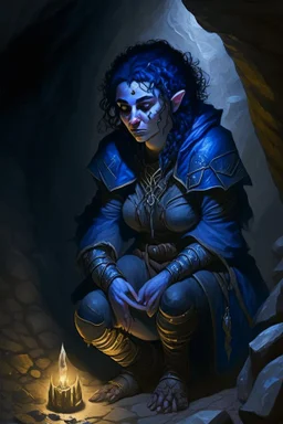 Dnd character kneeling in a dark cave. A female Moonelf twilight cleric with super curly, super short, dark blue hair and golden eyes, wearing gray and dark blue robes. With tattoos. Muscular, broad.