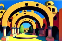 a round plaza, a Roman arcade with arches curved around it, by artist "Leonora Carrington"