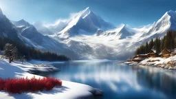 bluesky, snow mountain, lake, (masterpiece),((ultra-detailed)), (highly detailed CG illustration),(expressionless), (best quality:1.2), High quality texture, intricate details, detailed texture, High quality shadow, Cinematic Light, Depth of field, light source contrast, perspective,20s, (ulzzang-6500-v1.1:0.5