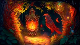 Slavic mythology enchanting garden with lush greenery and beautiful stone winding paths with lanterns. It's twilight. Depict only one creature: the Firebird. The body of the Firebird is adorned with feathers of vibrant red, orange, and gold, each one glowing with an otherworldly brilliance.