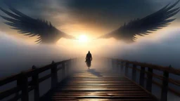 walking straight ahead over a wooden bridge, holding the angel of death with your right hand, entering the fog at the end of the road that leads to the afterlife, and a beautiful sunset and galaxy's behind the fog, realistic