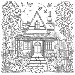 GARDEN HOUSE, "Fairy-tale Gardens: Illustrate magical moments, full view, realistic, coloring page, only draw lines, coloring book, clean line art, wildlife-inspired, kid style, –no sketch, color, –ar 3:4, white background, minimalistic black lines, 8k, minimal black color, low level black colors, coloring page, use pure black and white colors, avoid thick black colors, thin black line art, avoid colors, perfect shape, perfect clear lines, clear edges,