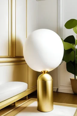 Lamp with oversized golden sphere lamprod and an oversized white linen lampshade