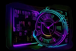 black background, outlines of a holographic clock and a calendar drawn from thin neon-coloured glowing lines