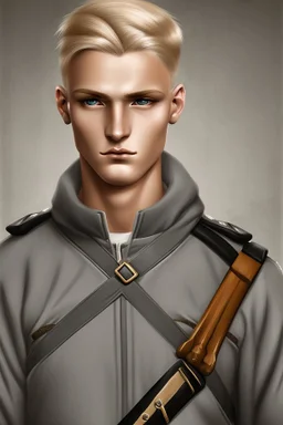 German male soldier, grey uniform, Blond hair, portrait